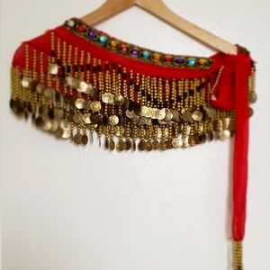 Belly Dance Hip Scarf, Gold Coin Dance Belt - Red